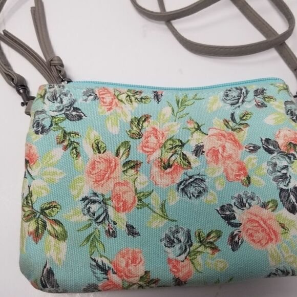 Mint Pink Floral Canvas Like Crossbody/Wristlet Bag. - Picture 10 of 14